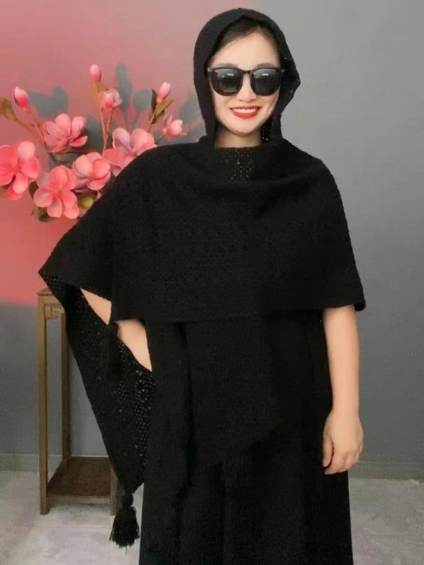 New Autumn And Winter Hooded Butterfly Flower Solid Color Knitted Hollow Temperament Warm Shawl Retro Travel Outerwear