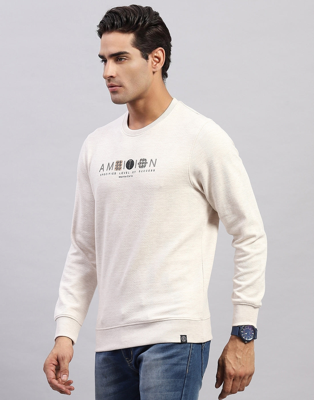 Men Beige Printed Round Neck Full Sleeve Winter T-Shirt