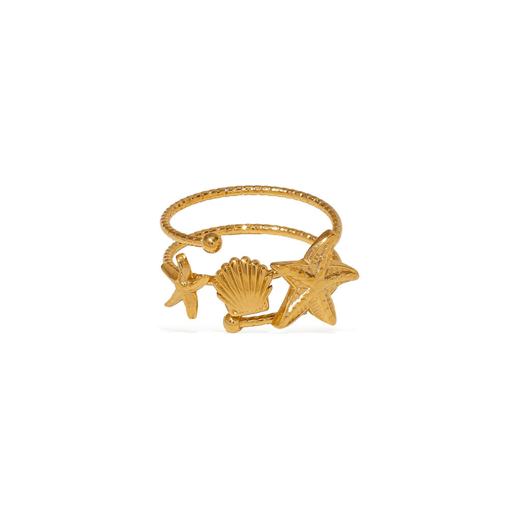 Fashionable Double-Layer Hollow Starfish Scallop Texture Matte Stainless Steel Ring For Gift
