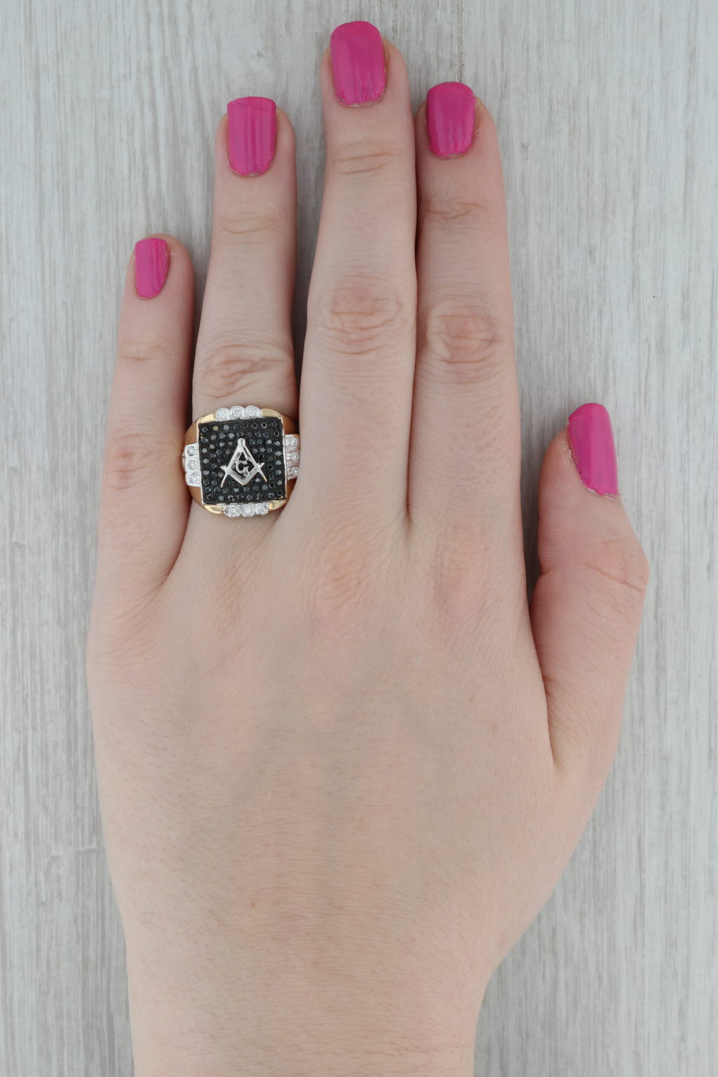 0.62ctw Black White Diamond Masonic Ring 18k Gold Square Compass Blue Lodge