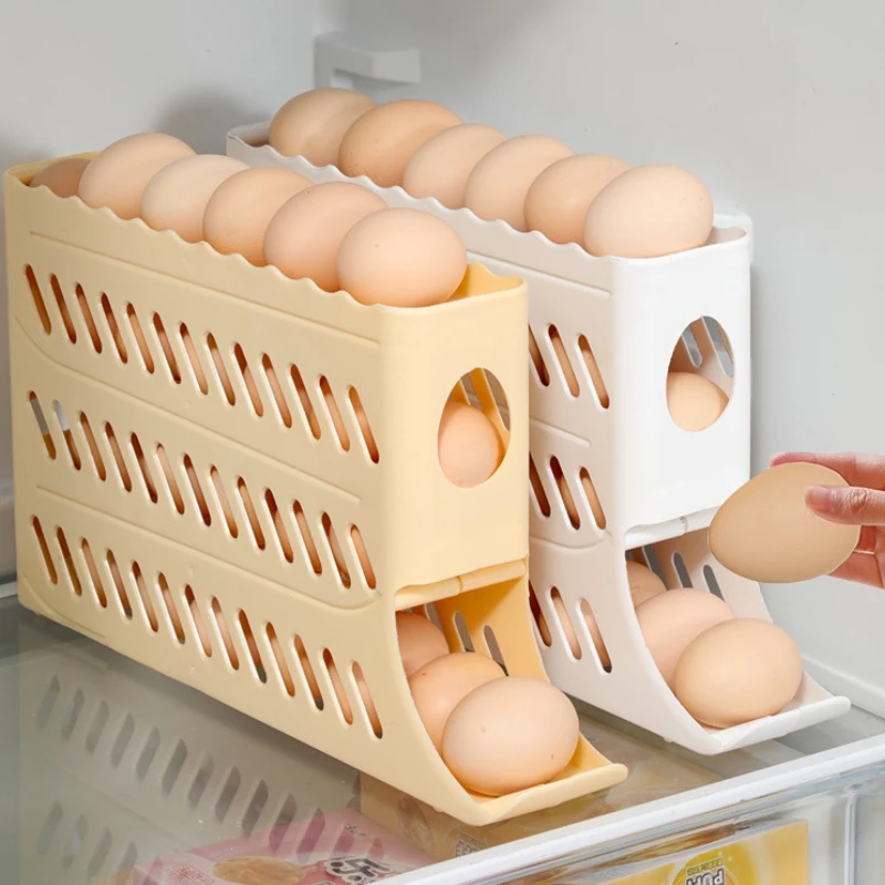 FF2324 4 Layer Rolling Egg Dispenser Kitchen Automatic Fridge Egg Roller Save Space Storage Rack Egg Holder for Refrigerator