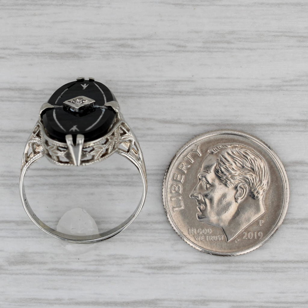 Vintage Onyx Diamond Filigree Ring 14k White Gold Size 5.25