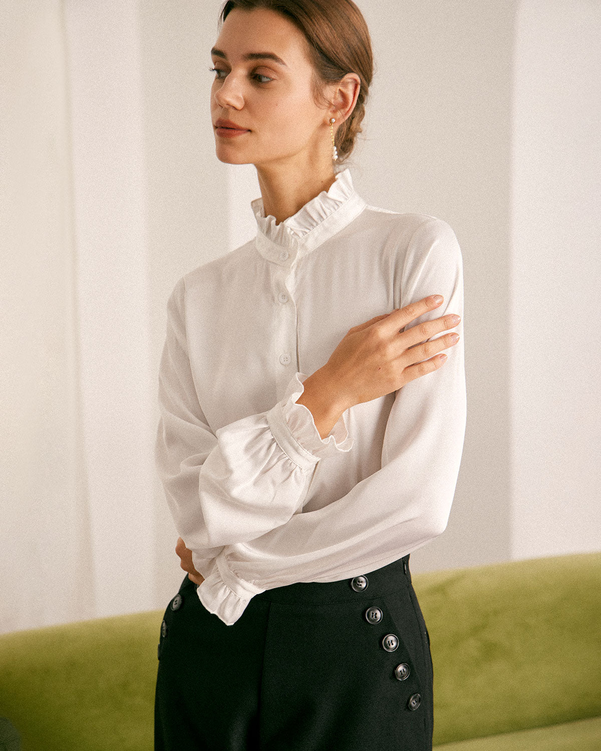 The White Mock Neck Ruffled Satin Shirt