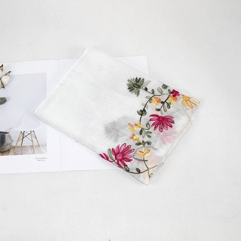 Women's Classic Style Flower Cotton And Linen Embroidery Scarf