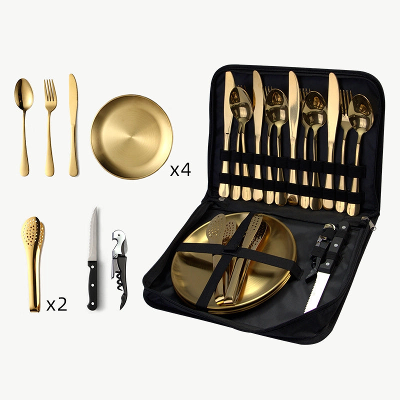 Outdoor Travel Stainless Steel Tableware Camping Picnic Barbecue Plate Clip Steak Knife. Fork And Spoon Suit Portable Storage Bag