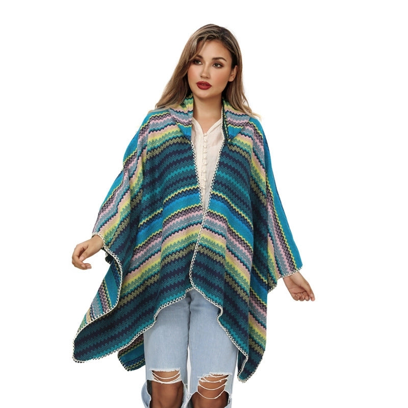 Thick Hat Cape Shawl Autumn And Winter Warm Striped Knitted Shawl Woven Split Cape For Women