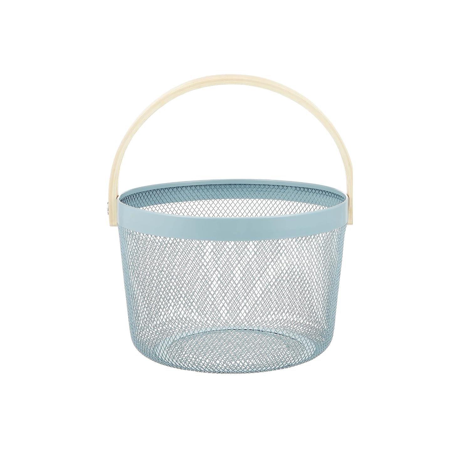 Mesh Steel Basket with Wooden Handle-Round Green