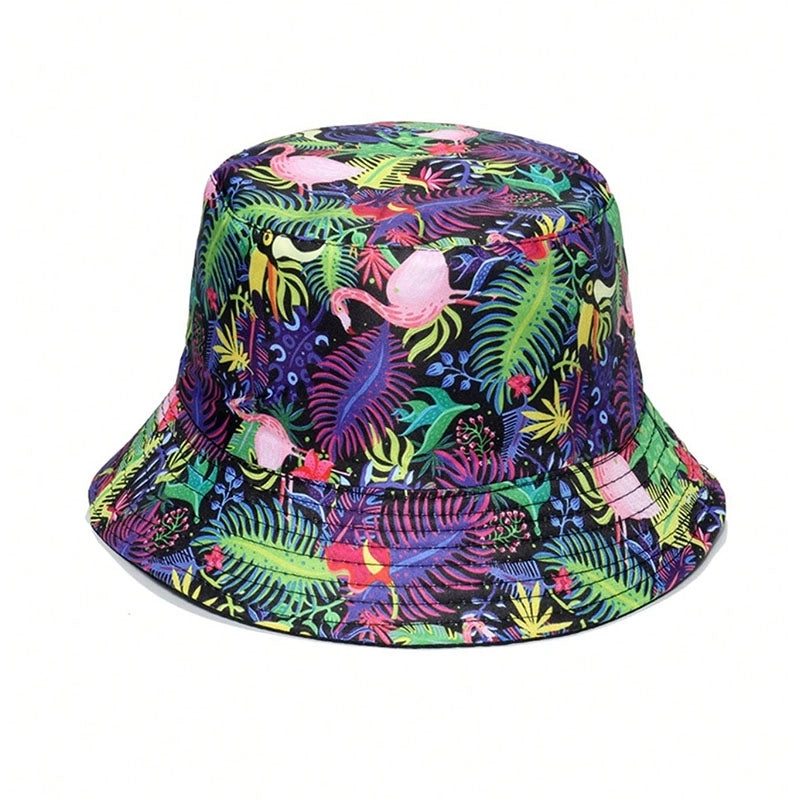 Women's Hawaiian Vacation Human Animal Coconut Tree Printing Painted Wide Eaves Bucket Hat
