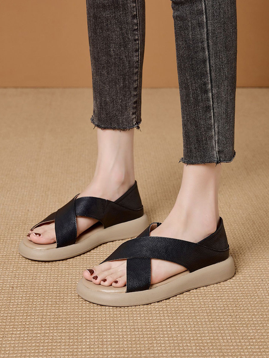 Women Casual Summer Pure Color Leather Slippers
