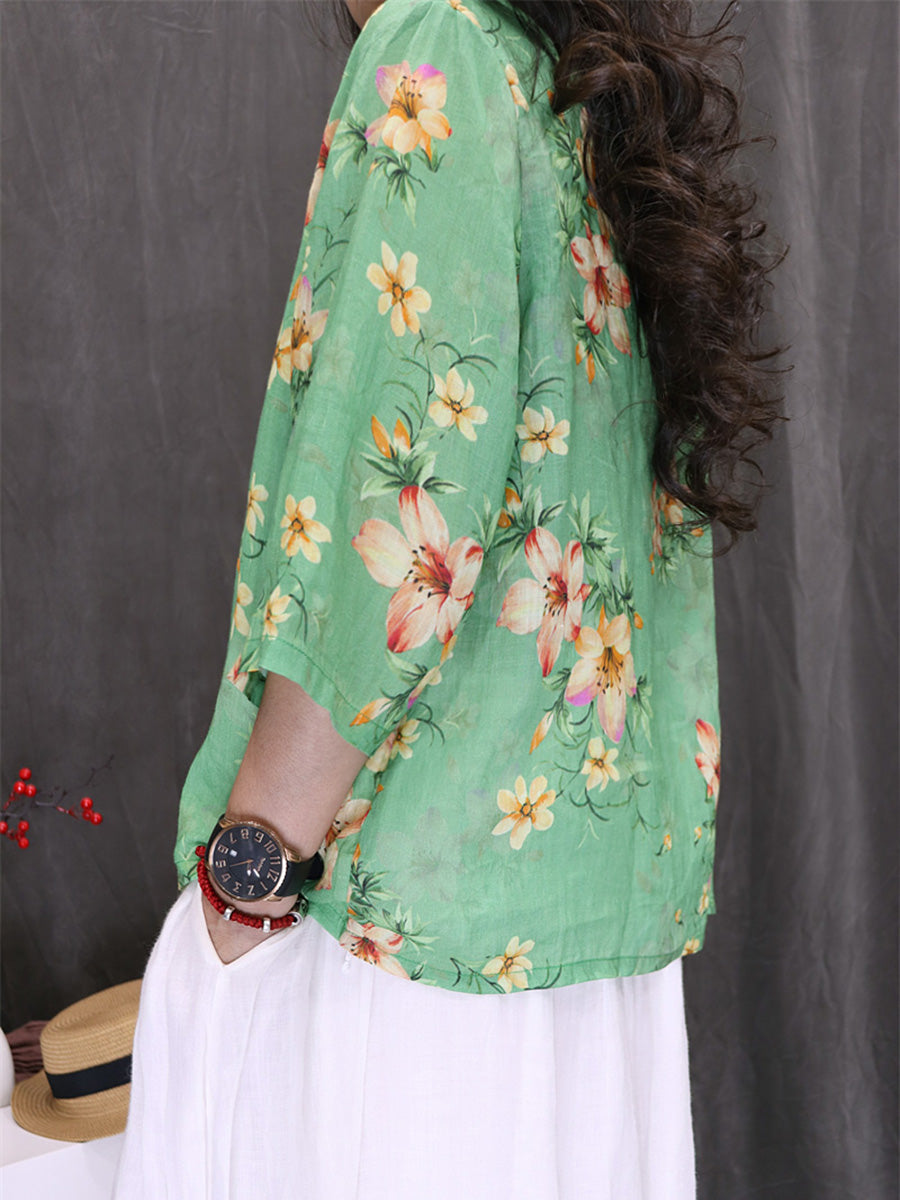 Women Summer Ethnic Flower 100%Ramie V-Neck Shirt