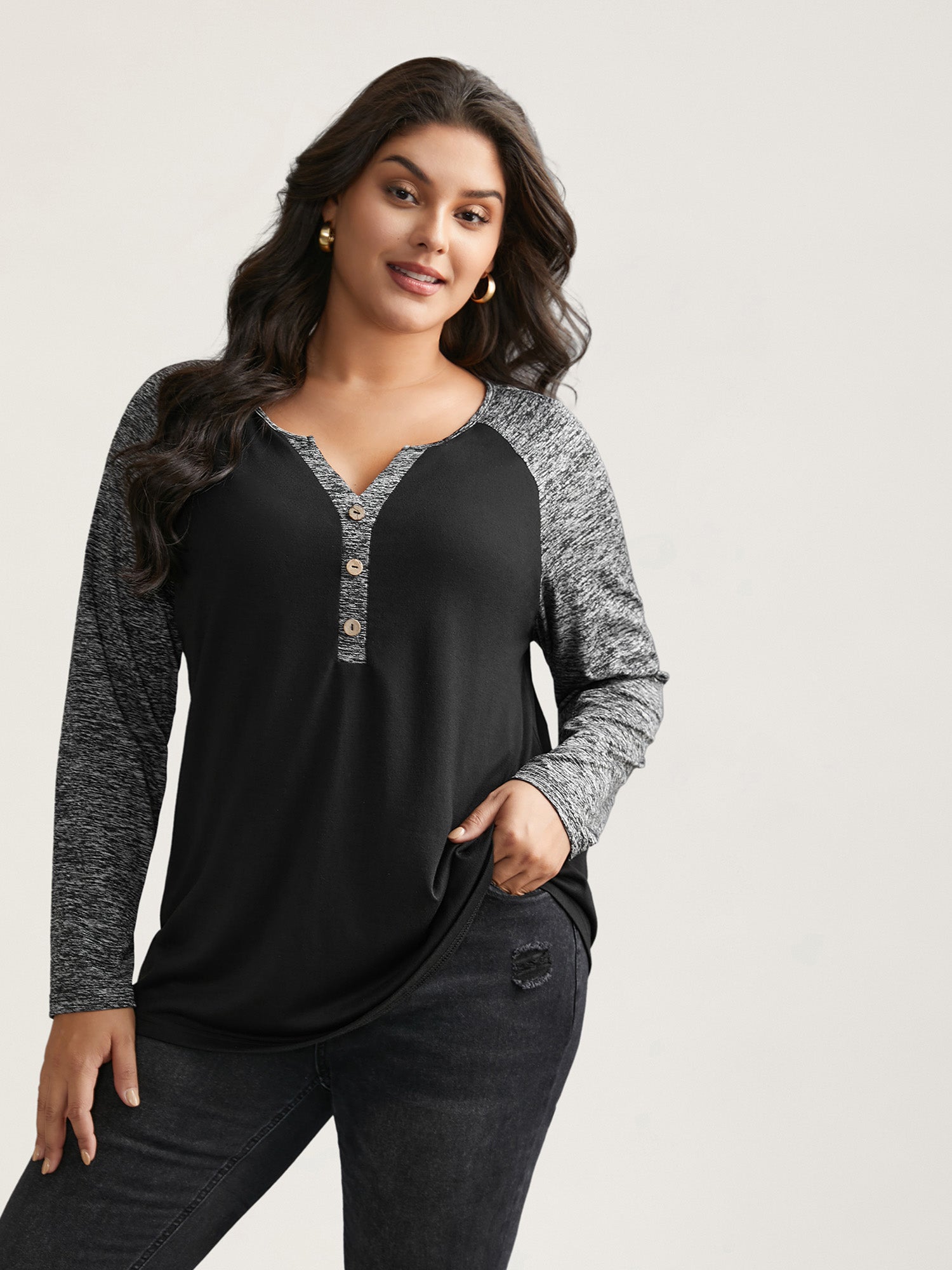 Heather Patchwork Button Detail Stretchy T-Shirt