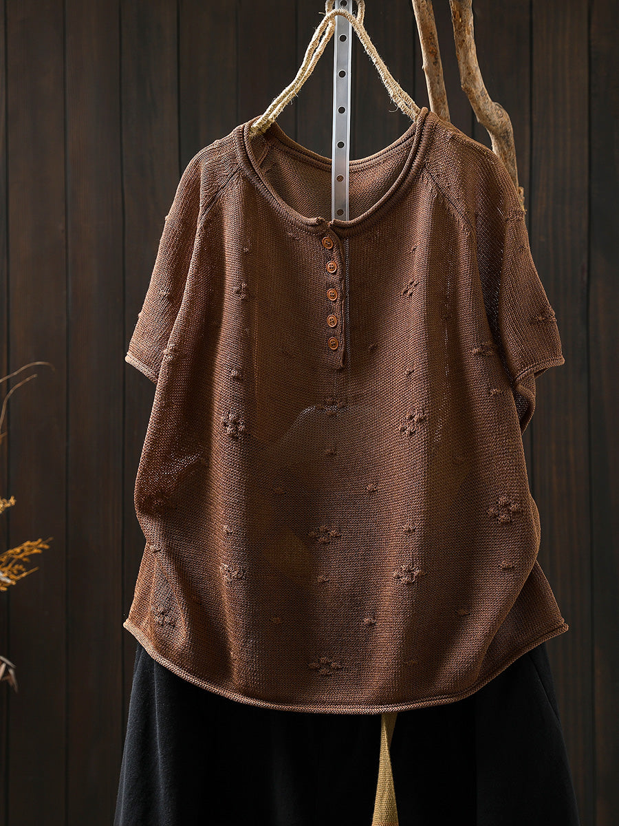 Women Summer Casual Jacquard Knitted O-Neck Shirt