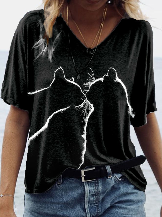 Women's Black Cat Print T-Shirt