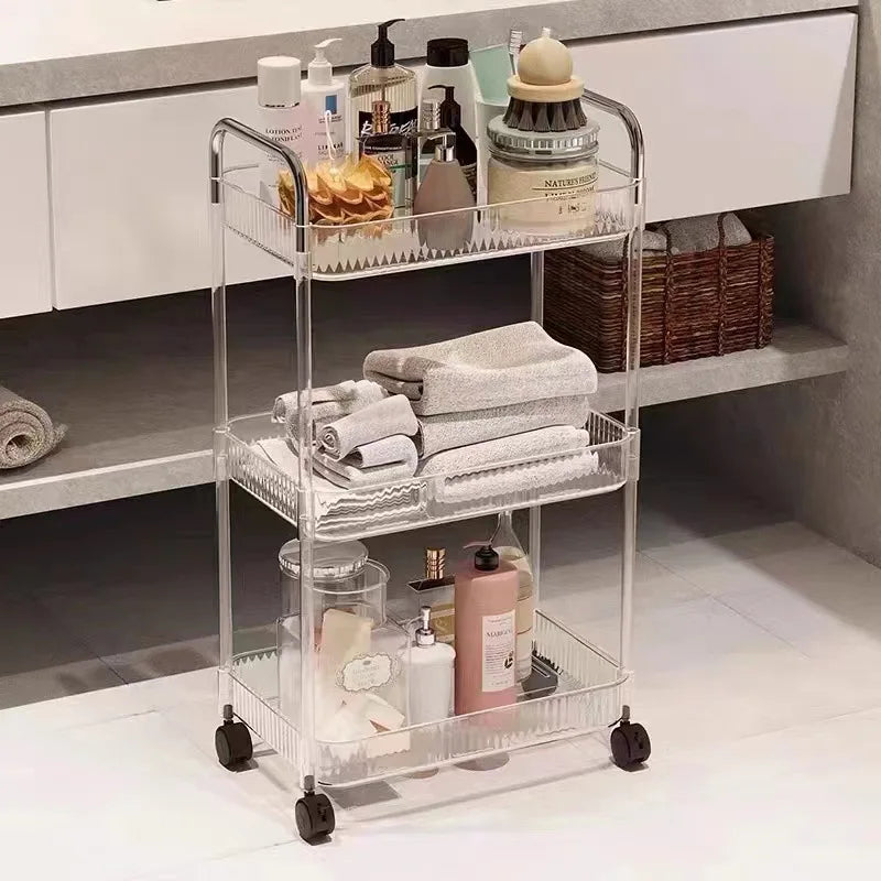 Multifunction Storage Rolling Utility Cart. Slim Sliding Organizer Rack For Bathroom Kitchen Living Room (3Tier)
