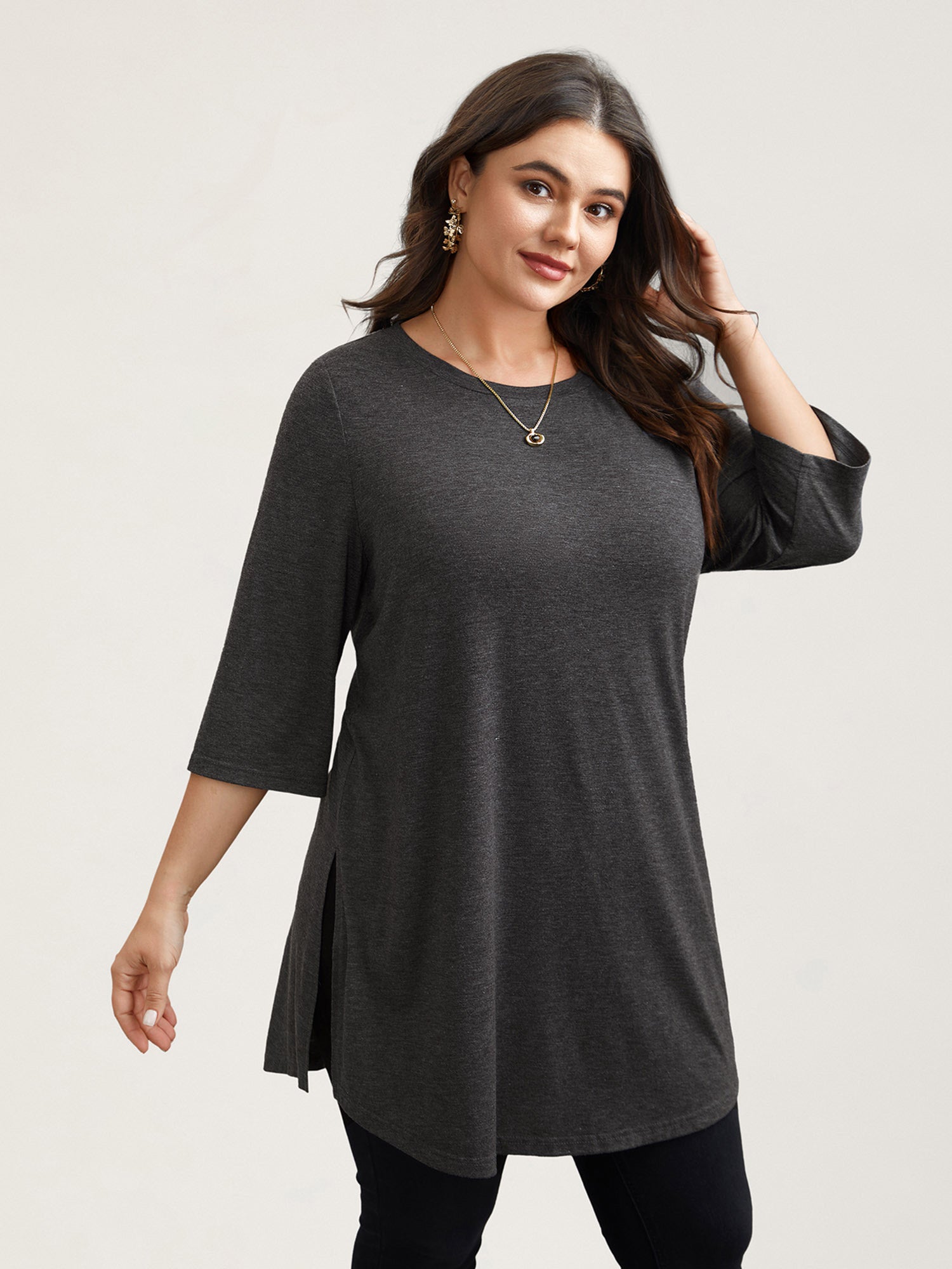 Solid Slit Round Neck Tunic T-Shirt