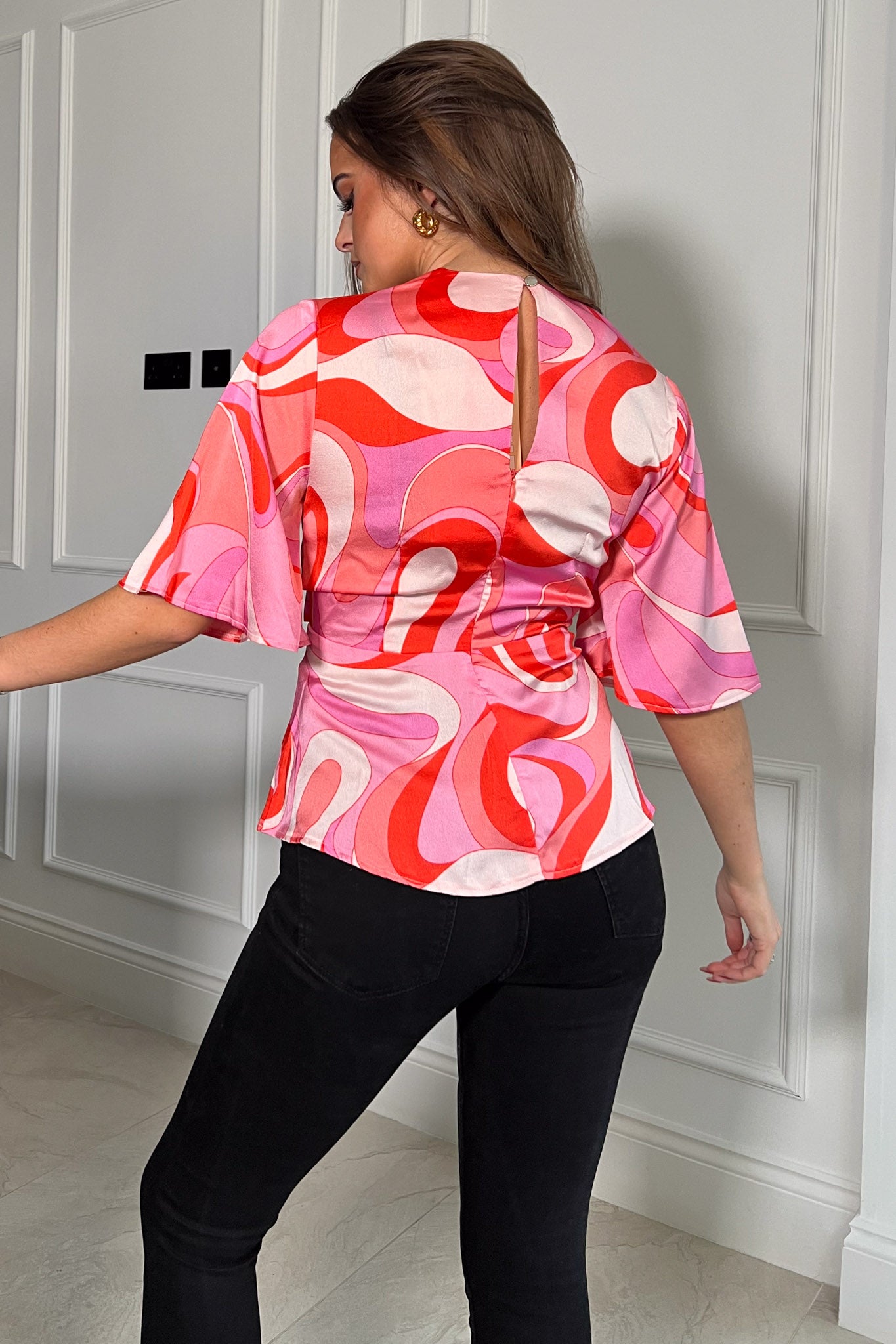 Brooke Wrap Detail Top Pink Print