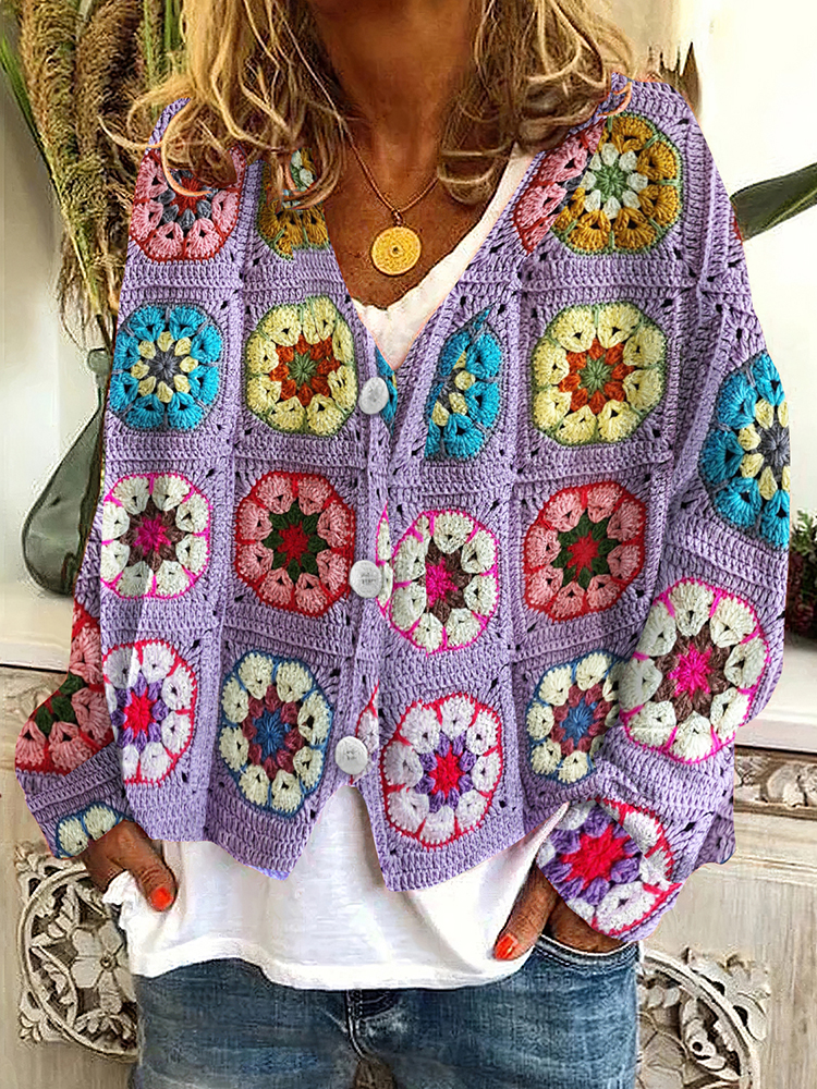 Casual Floral Blanket Print Knitted Cardigan