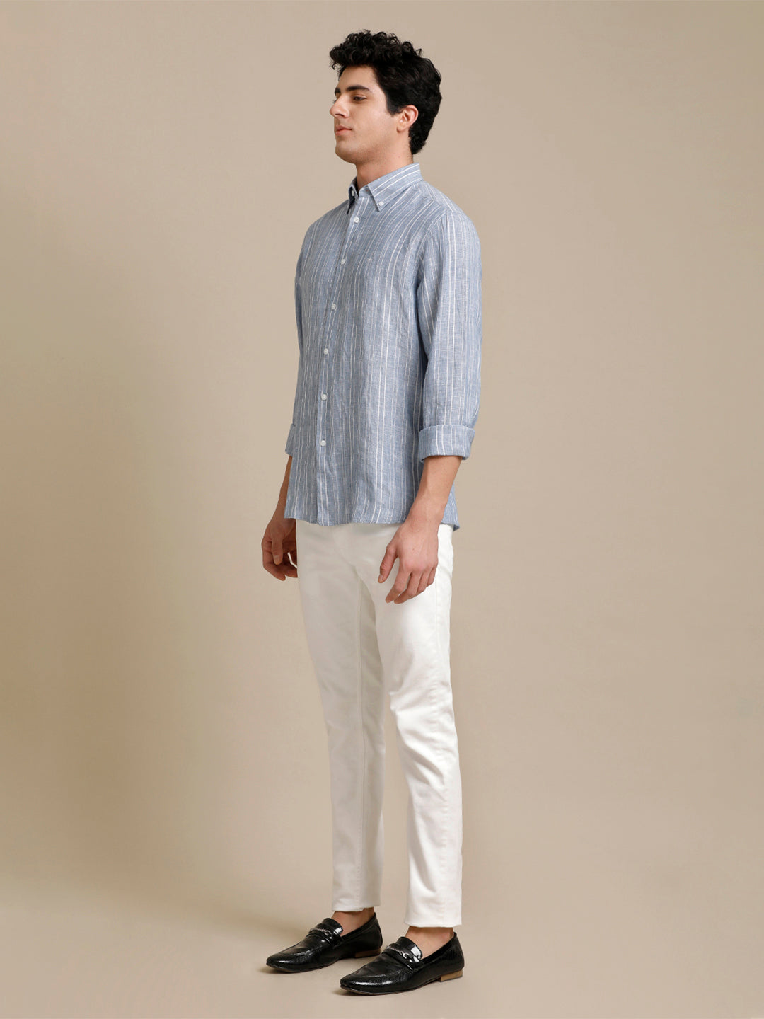 Mens Regular Fit Blue/White Stripe Casual Linen Shirt (LABUL)