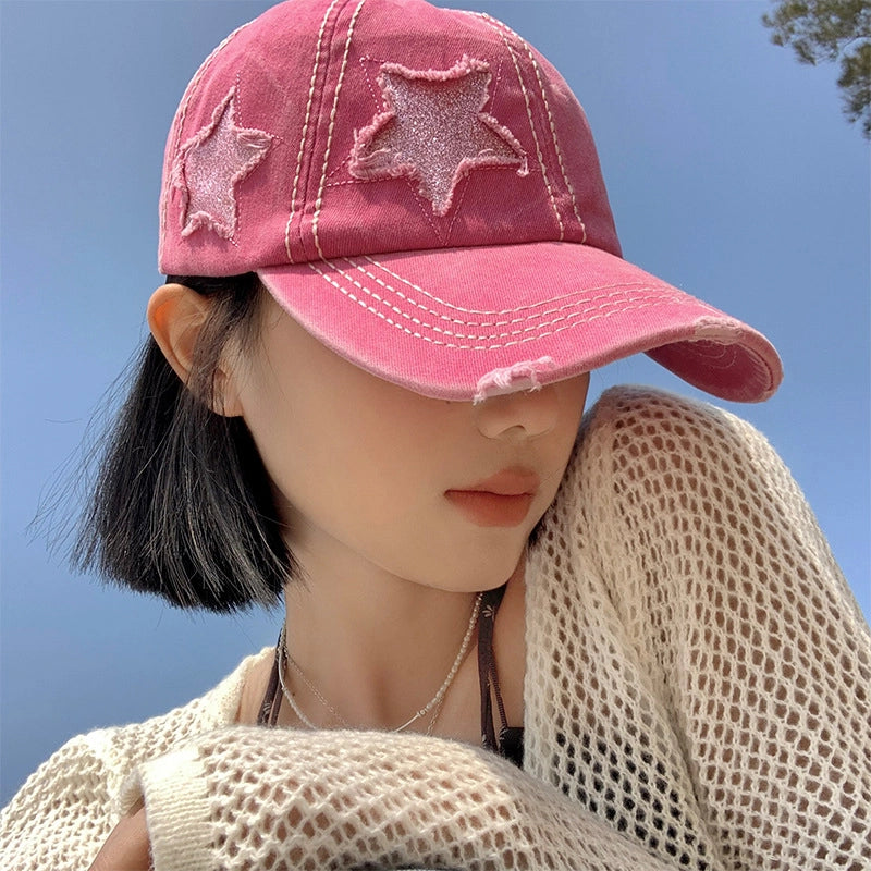 Vintage Ripped Baseball Cap Women's Spring And Summer Korean Style Big Head Face Showing Small Cap Pink Wide Brim Hat Trendy