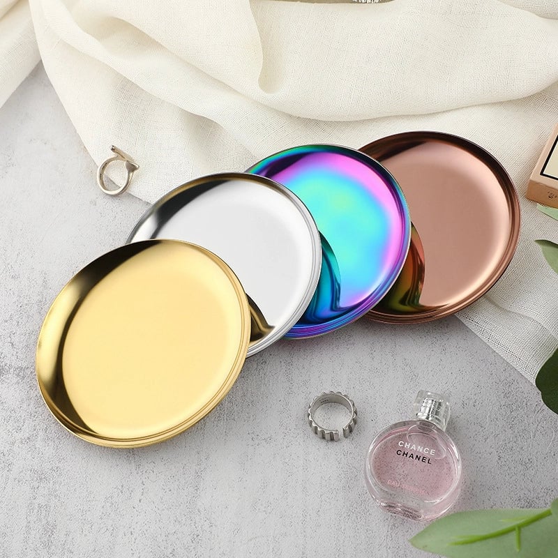 Luxury Metal Round Small Jewelry Tray Stainless Steel Storage Plate Dormitory Cosmetic Ornament Plate Decorative Item