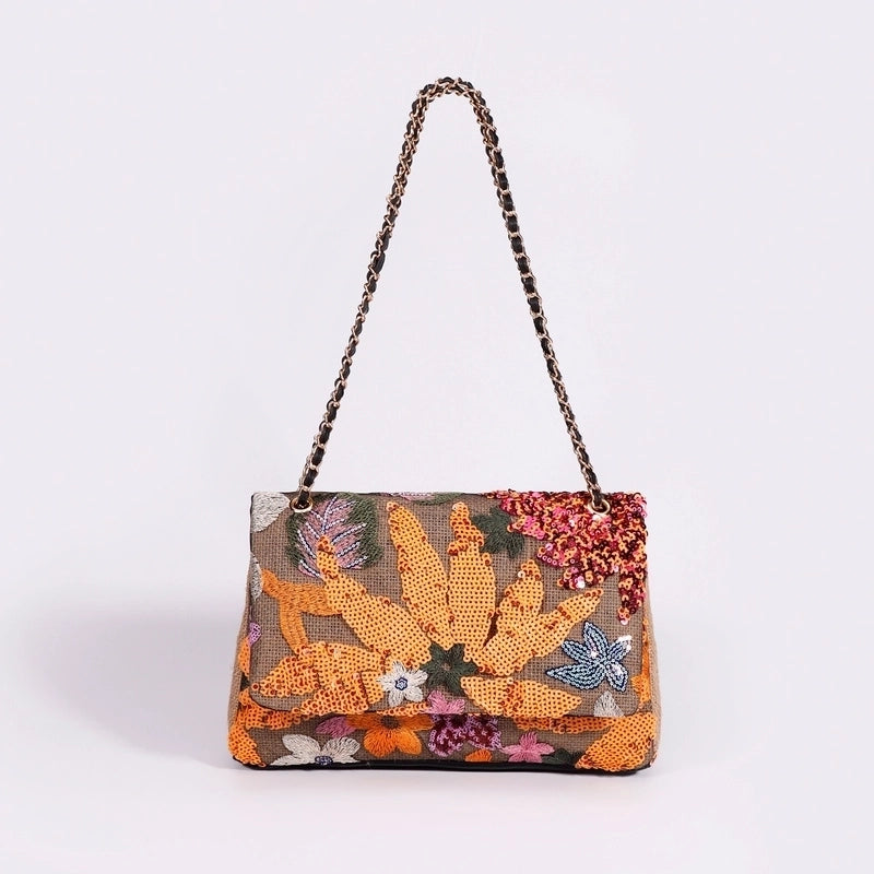 10 Pieces Women's Large Hemp Material Flower Elegant Sequins Square Flip Cover Crossbody Bag