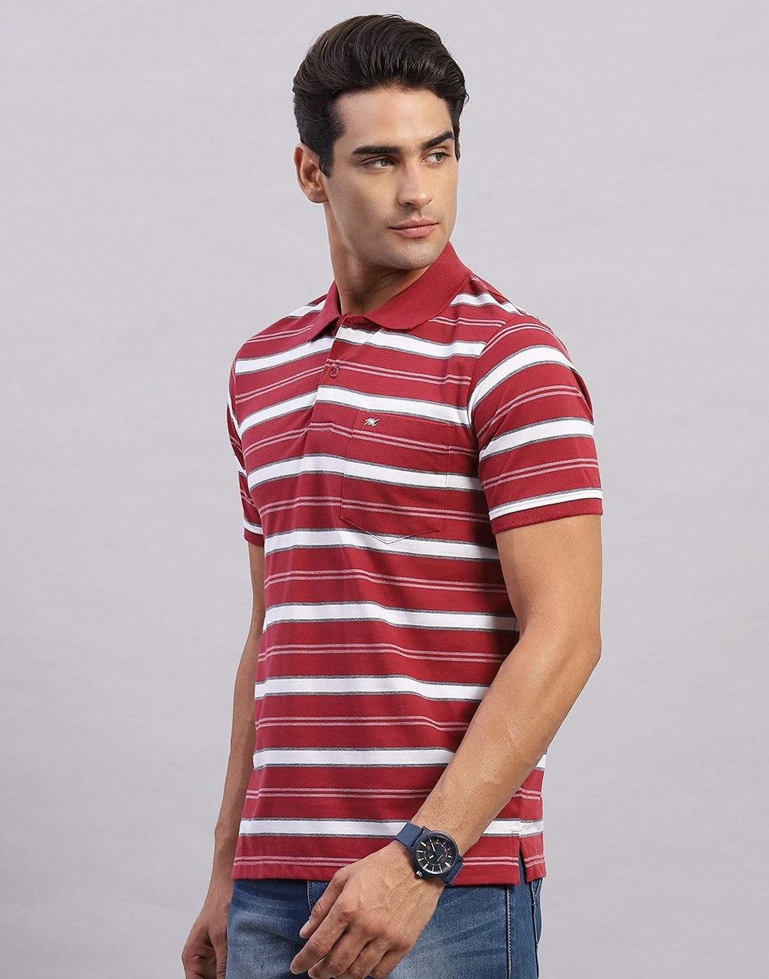 Men Maroon Stripe Polo Collar Half Sleeve T-Shirt