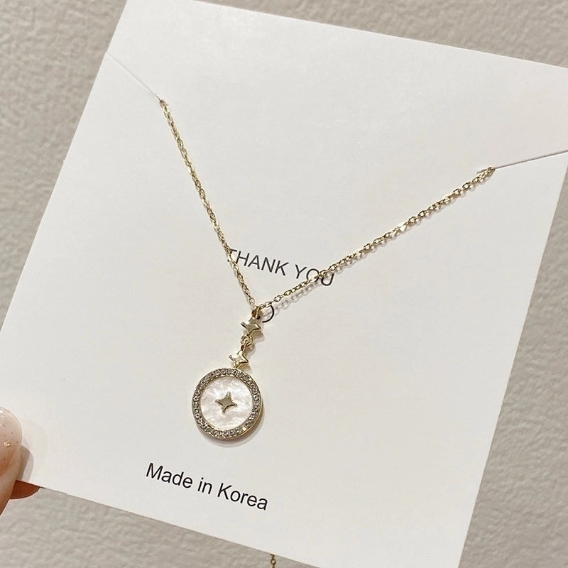 Elegant Minimalist Geometric Titanium Steel Plating Inlay Artificial Pearls Shell Zircon Necklace