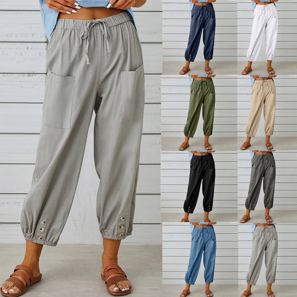 Solid Color Casual With Pocket Buttons Cotton Linen Trousers