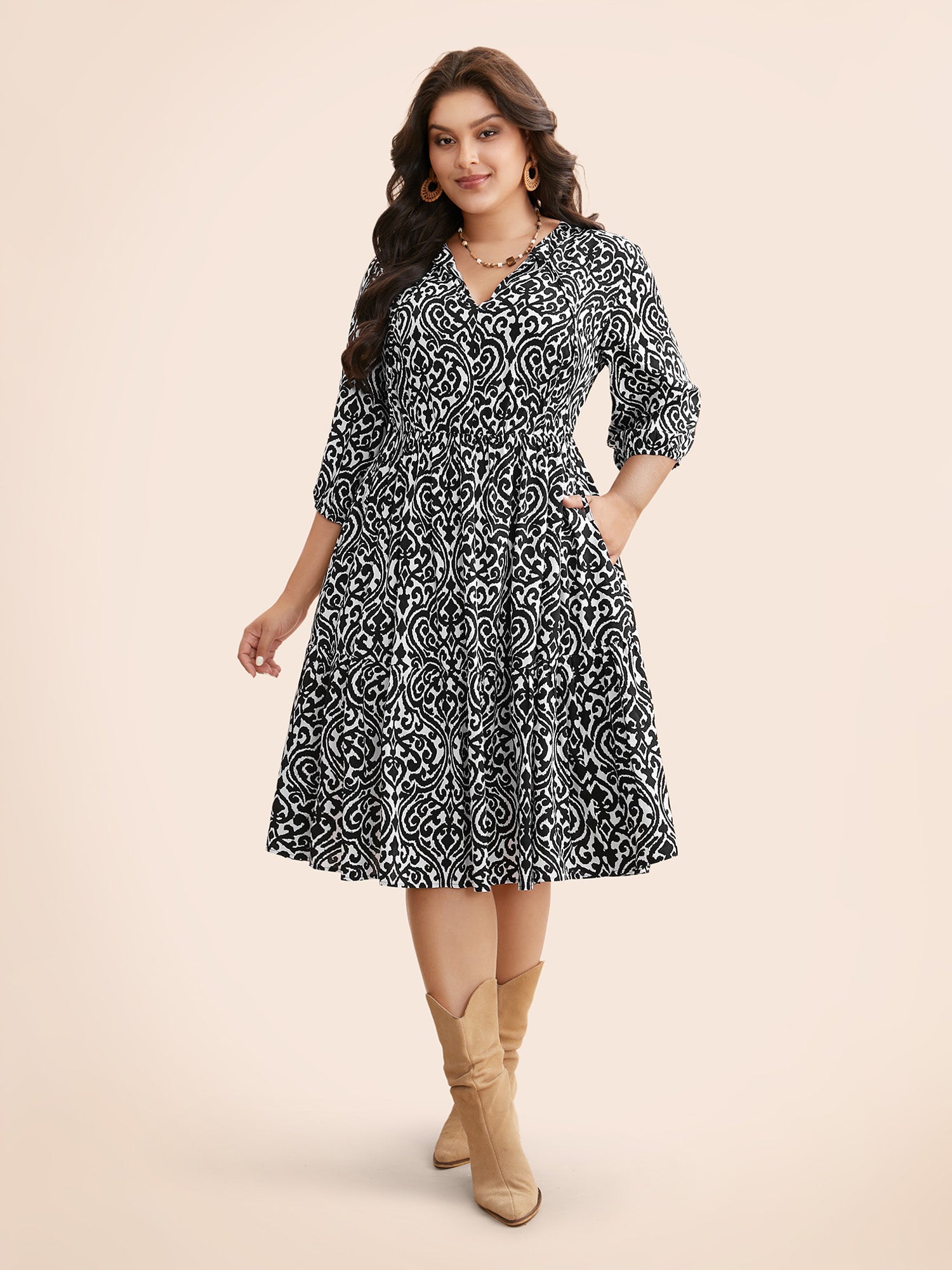 Boho Print Tie Knot Puff Sleeve Dress