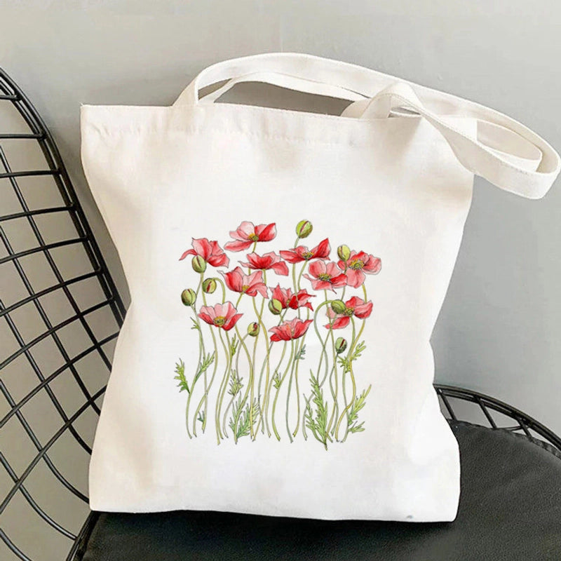 Women's Medium Canvas Flower Basic Classic Style Square Open Canvas Bag