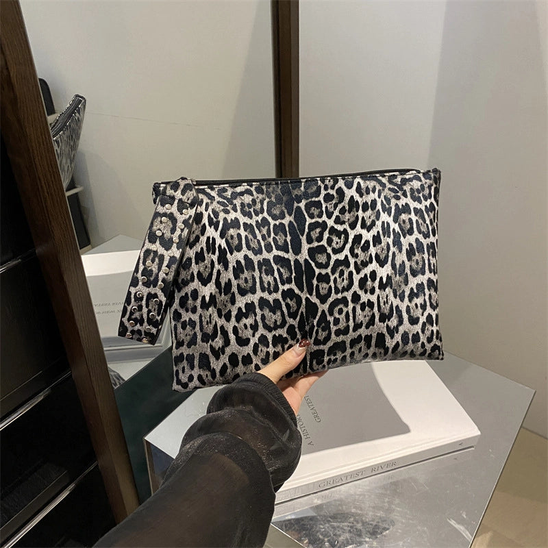 Black Brown Coffee Pu Leather Leopard Sewing Thread Square Clutches