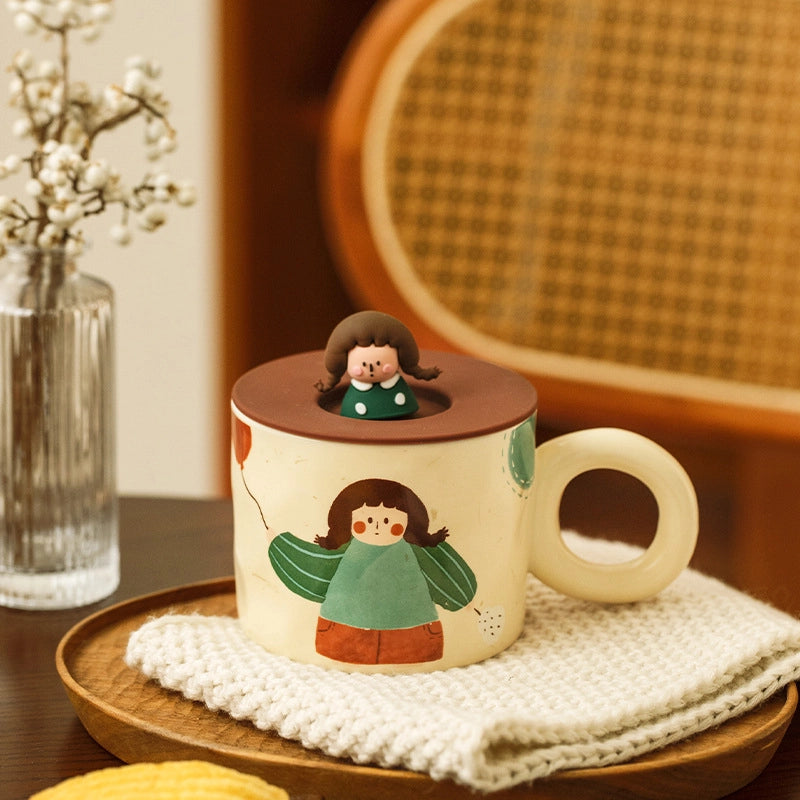 Vintage Girl's Dinner Plate Cute Plate Household Ceramic Plate Cartoon Plate Rice Bowl Small Bowl Mug With Lid