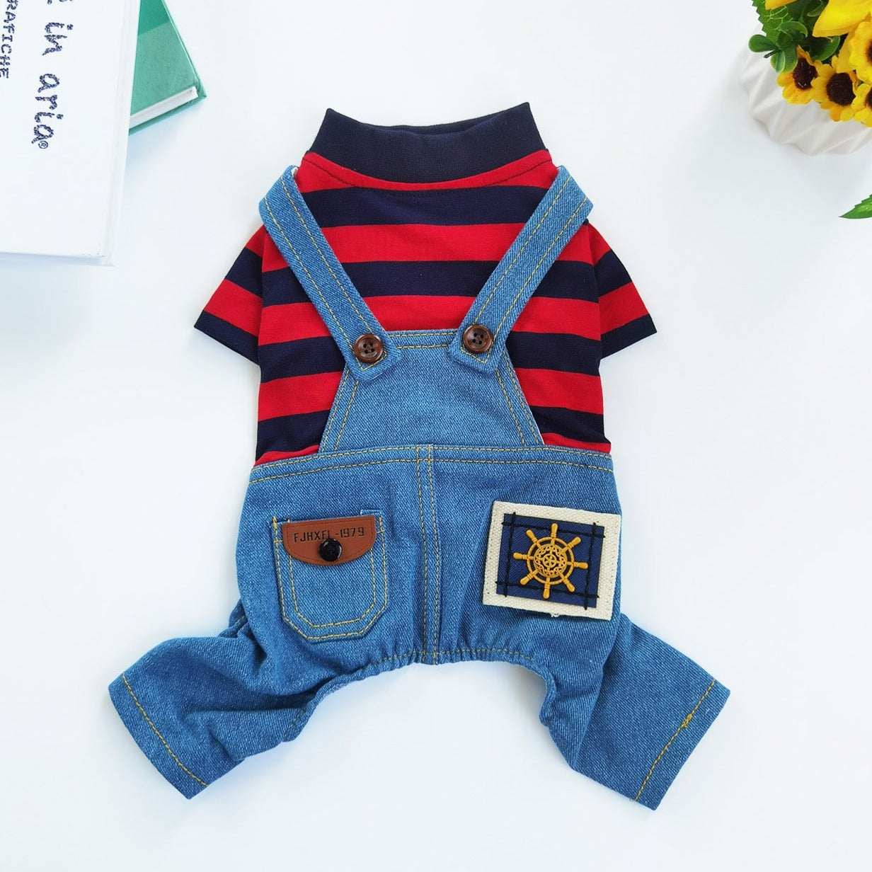 Contrast Color Striped Denim Dog Jumpsuits