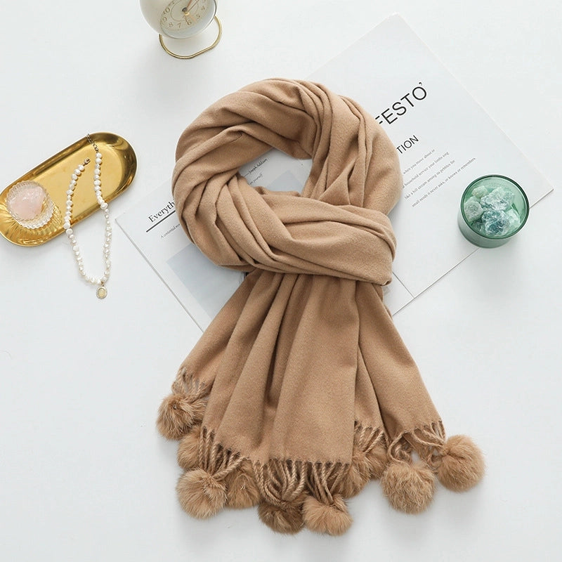 Cashmere Wool Scarf Women's Autumn And Winter High-grade Solid Color Ball Scarf Shawl Fur Ball Imitation Cashmere Scarf