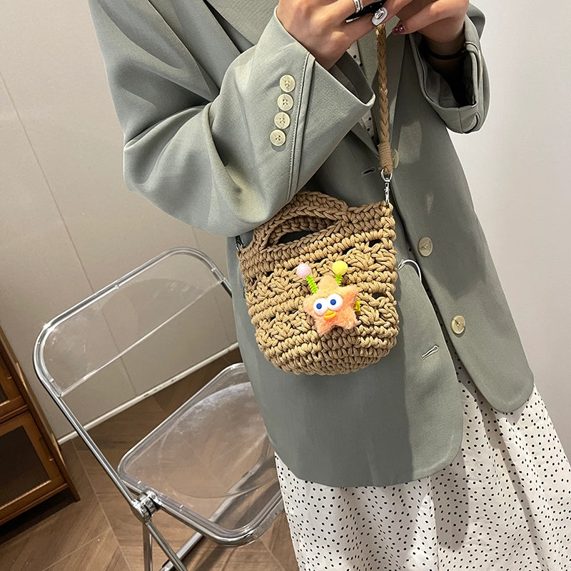 Women's Medium Braid Solid Color Cute Basic Weave Open Crossbody Bag