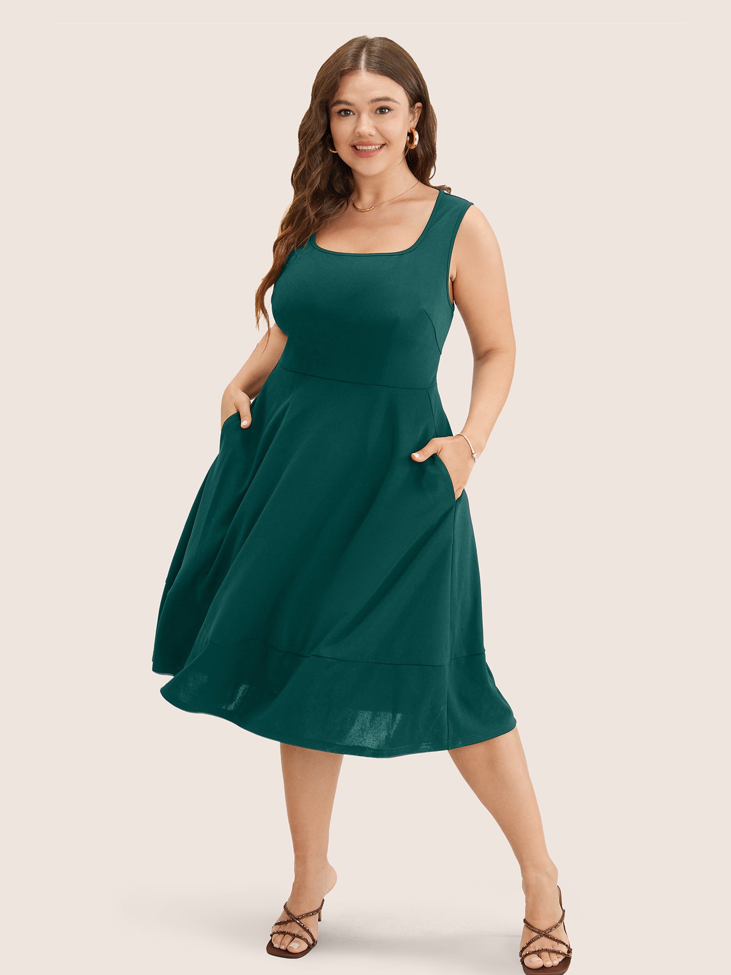 Solid Pocket Sleeveless Ruffle Hem Tank Dress
