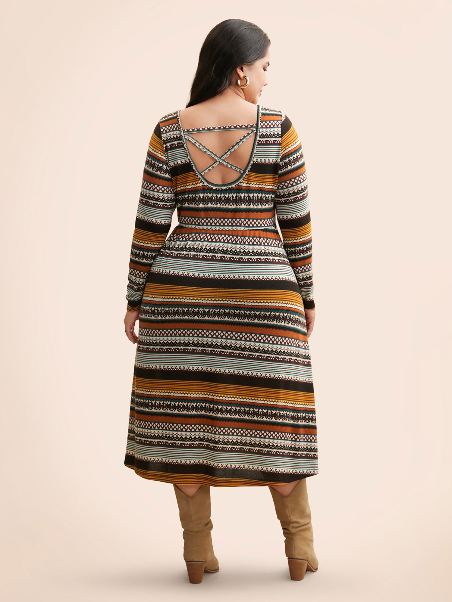 Crew Neck Striped Backless Pocket Dress