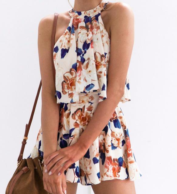 Floral Two Piece Pleated Halter Top & Shorts