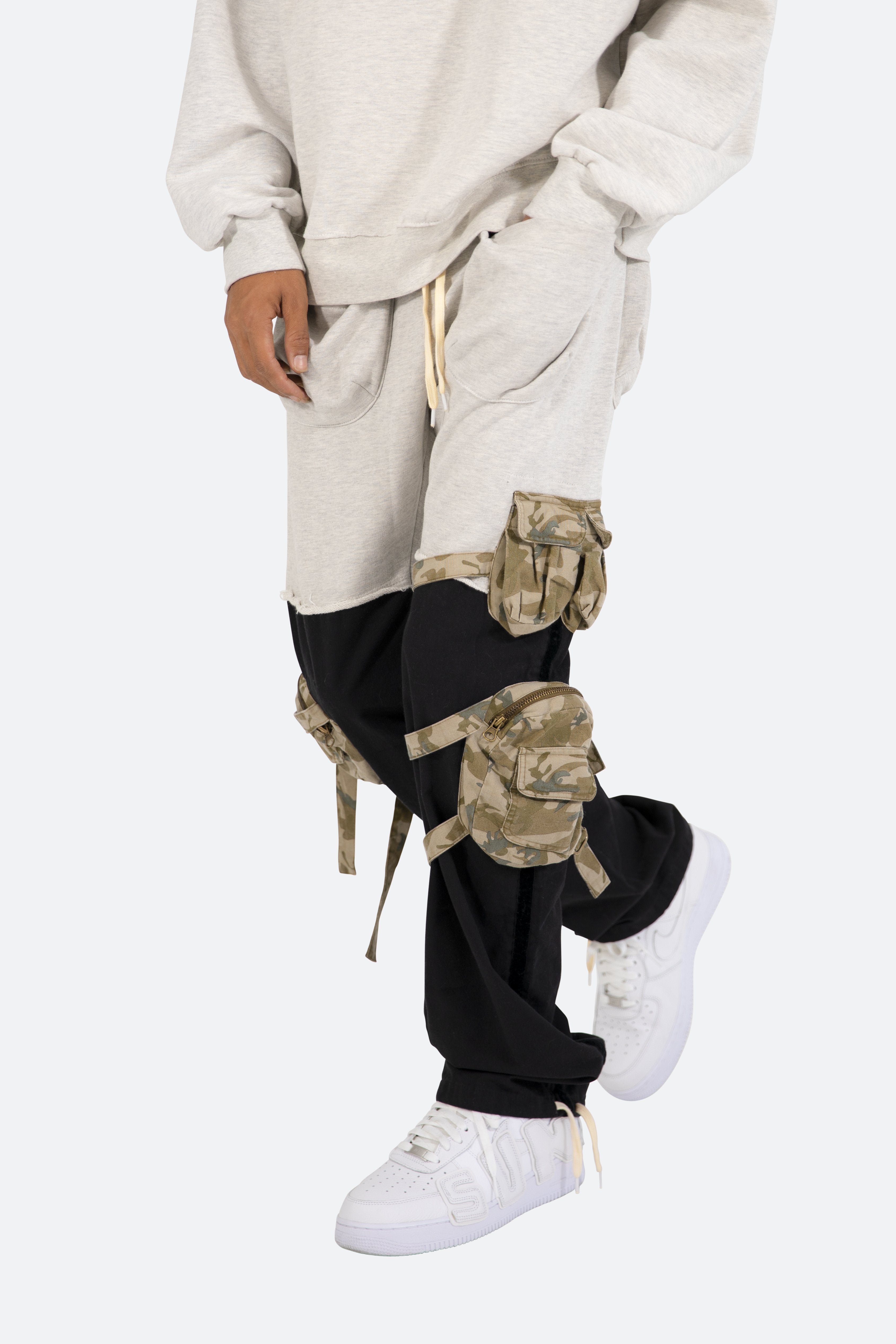 Mixed Material Cargo Pants - Black/Grey