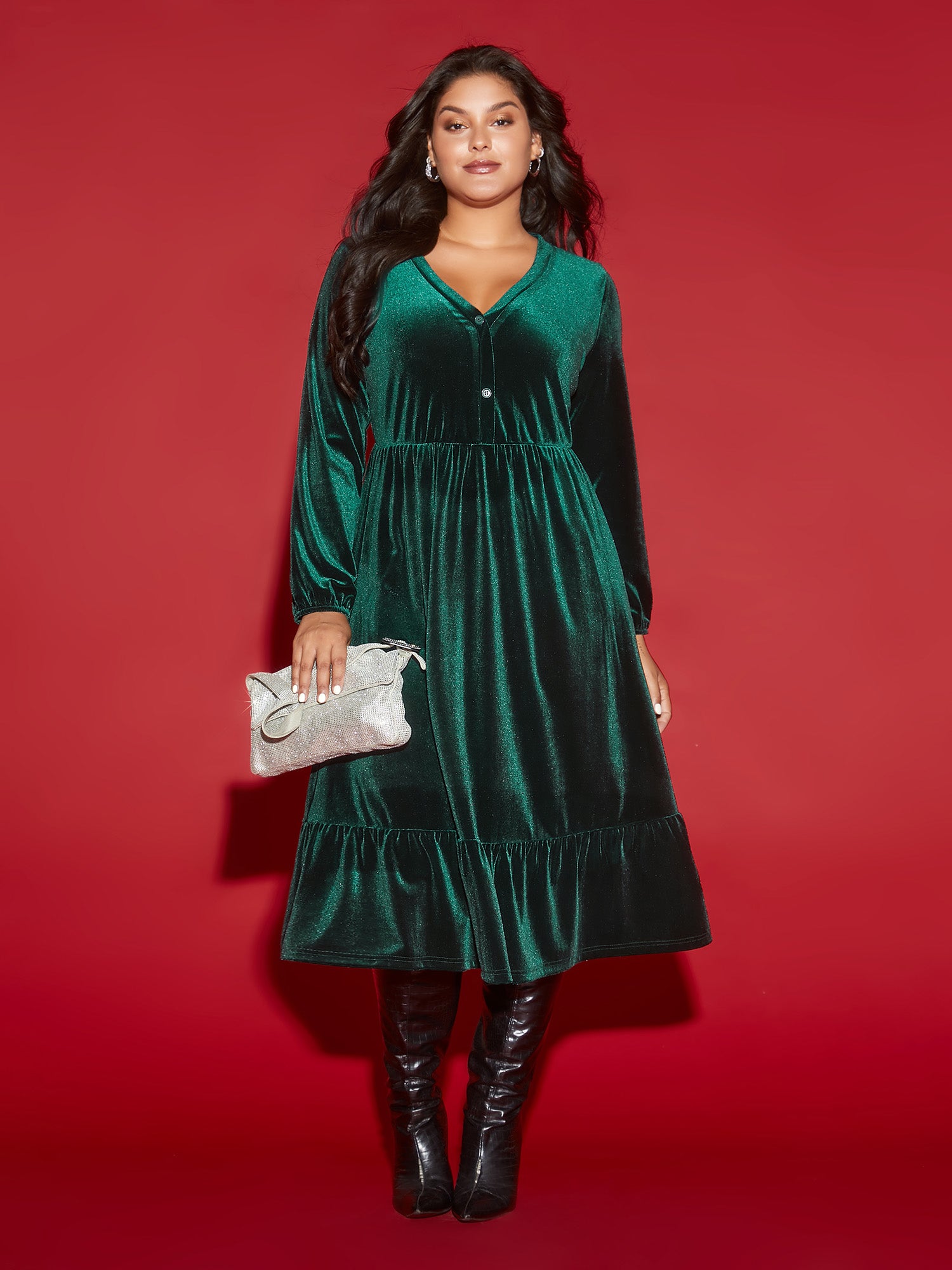 Velvet Front Button Pleated Midi Dress