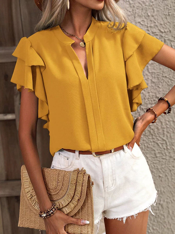Loose Ruffle Sleeves Ruffle Trim Solid Color V-Neck Blouses&Shirts Tops