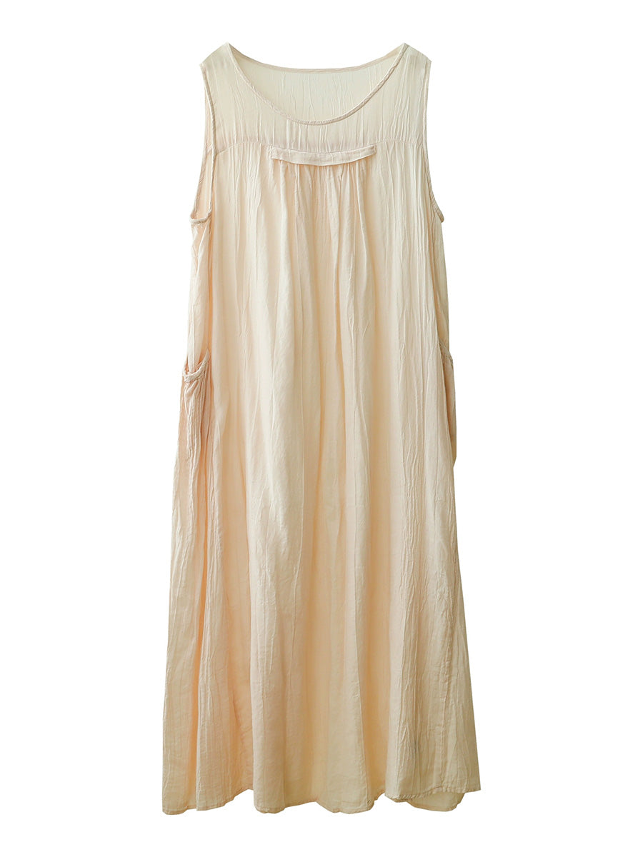 Women Summer Artsy Pure Color O-Neck Ramie Vest Dress