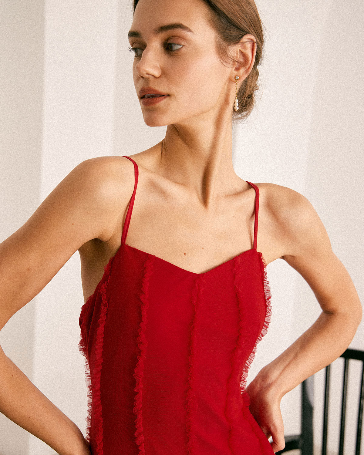 The Red Sweetheart Neck Ruffle Slip Maxi Dress