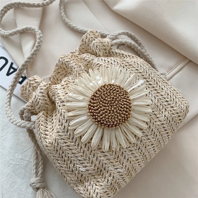 Women's Small Straw Flower Vacation Bucket String Bucket Bag