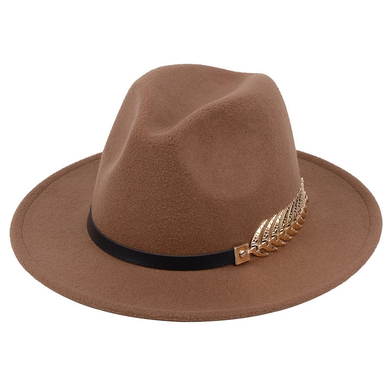 Metal Leaf Women's Woolen Hat Jazz Hat Autumn And Winter British Retro Top Hat Women
