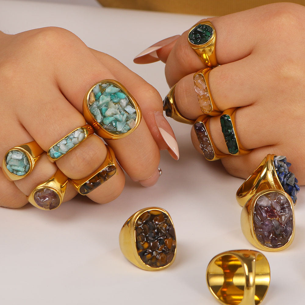 Natural Stone Gravel Stainless Steel Ring Exquisite Simple Titanium Steel Ring For Women