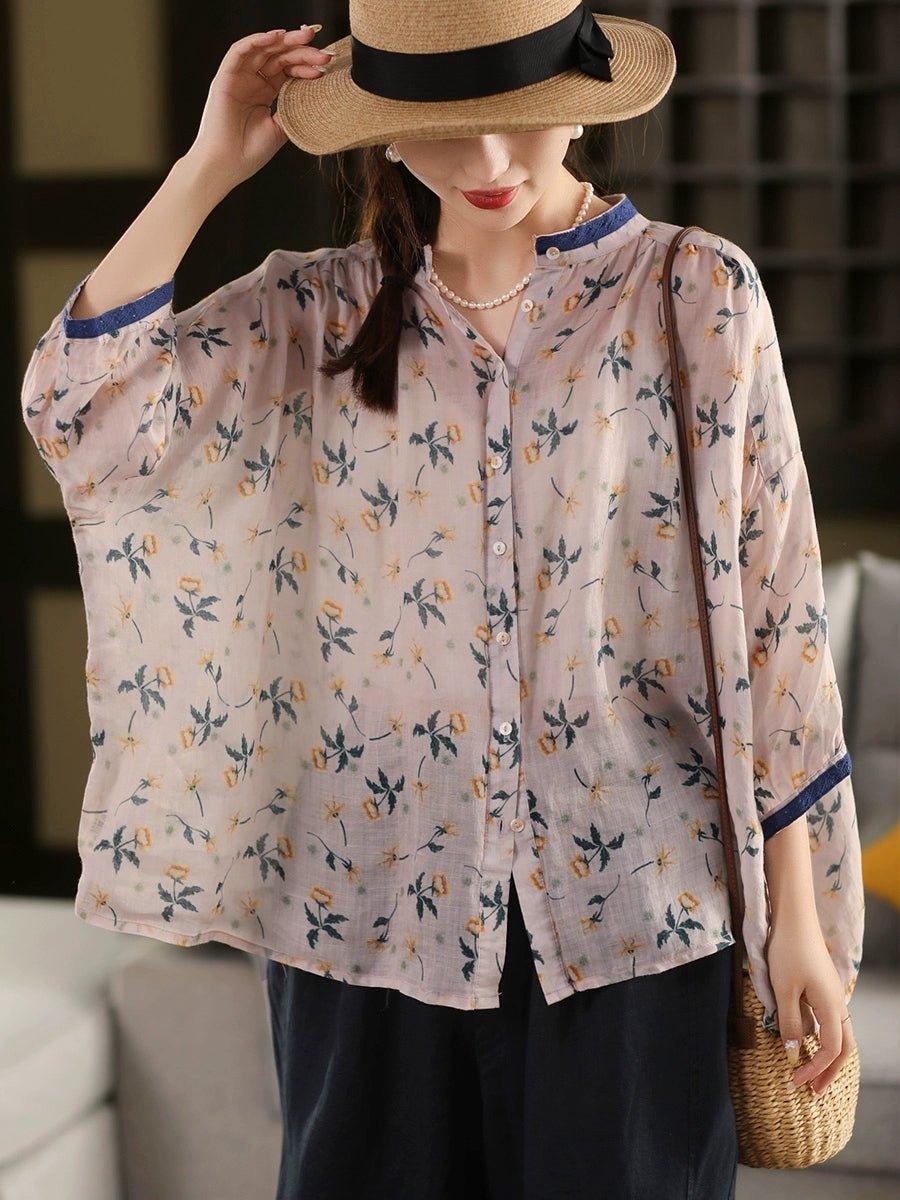 Women Summer Artsy Dot Stand Collar 100%Raime Shirt