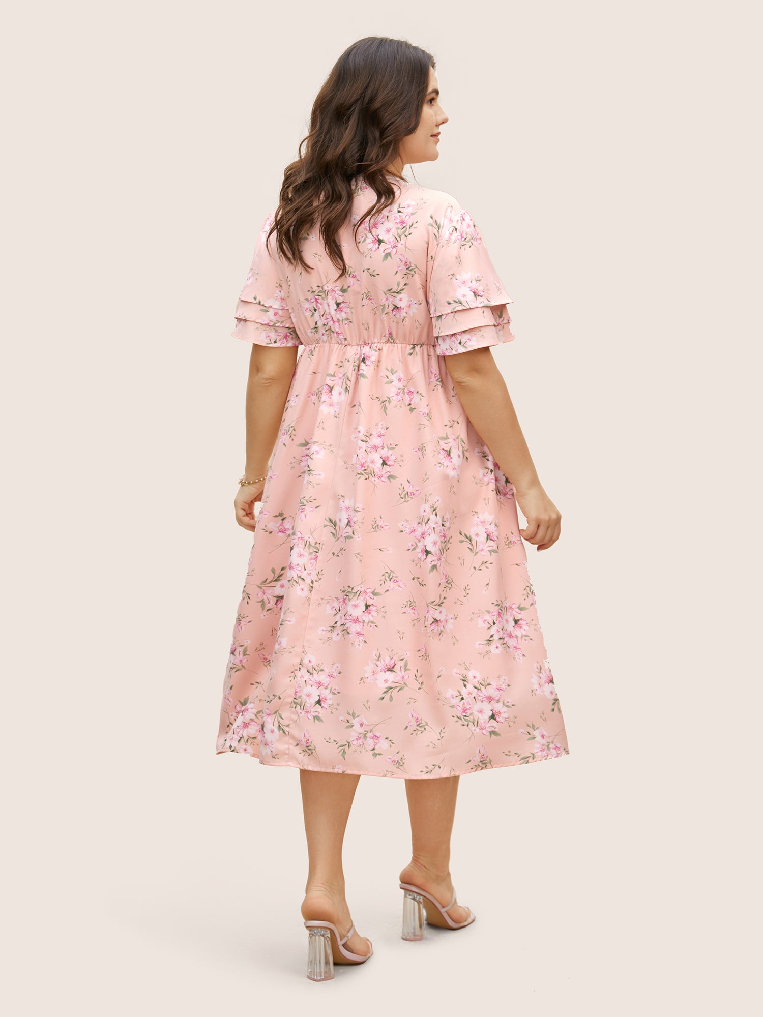 Floral Elastic Waist Tiered Ruffle Sleeve Dress