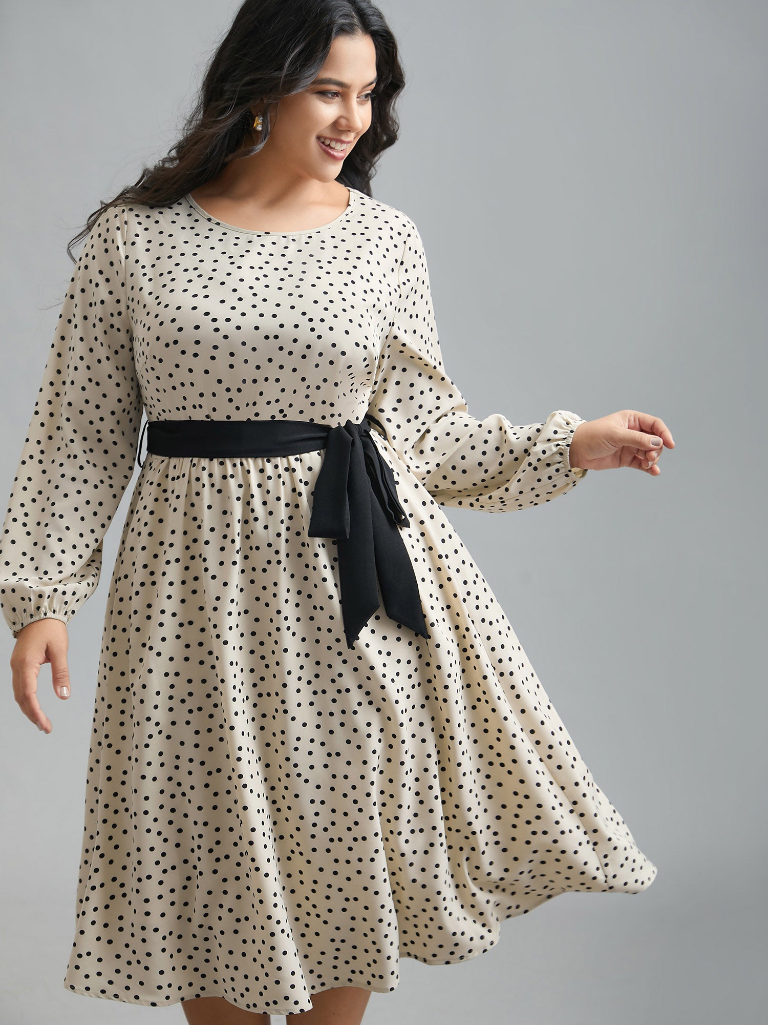 Round Neck Polka Dot Waist-Tie Midi Dress