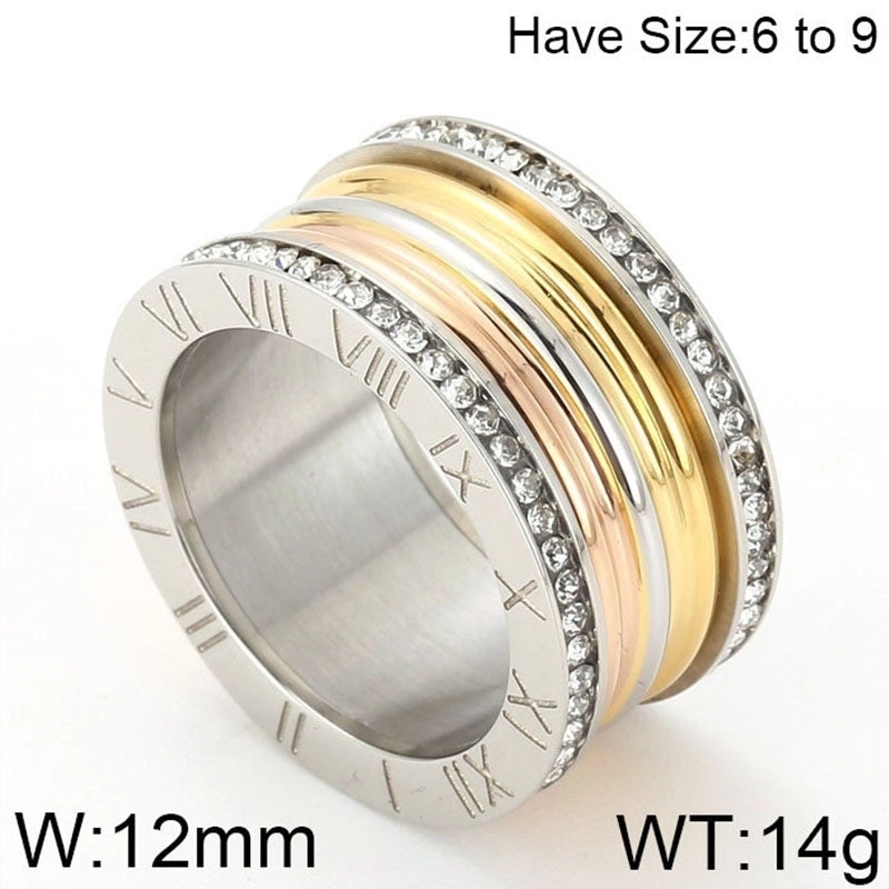 Lady Roman Numeral Titanium Steel Rhinestones 18K Gold Plated Inlay Rings